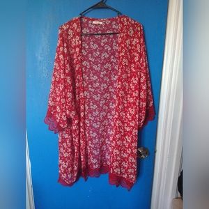 Maurices red with white flower kimono sheer size 2 new without tags